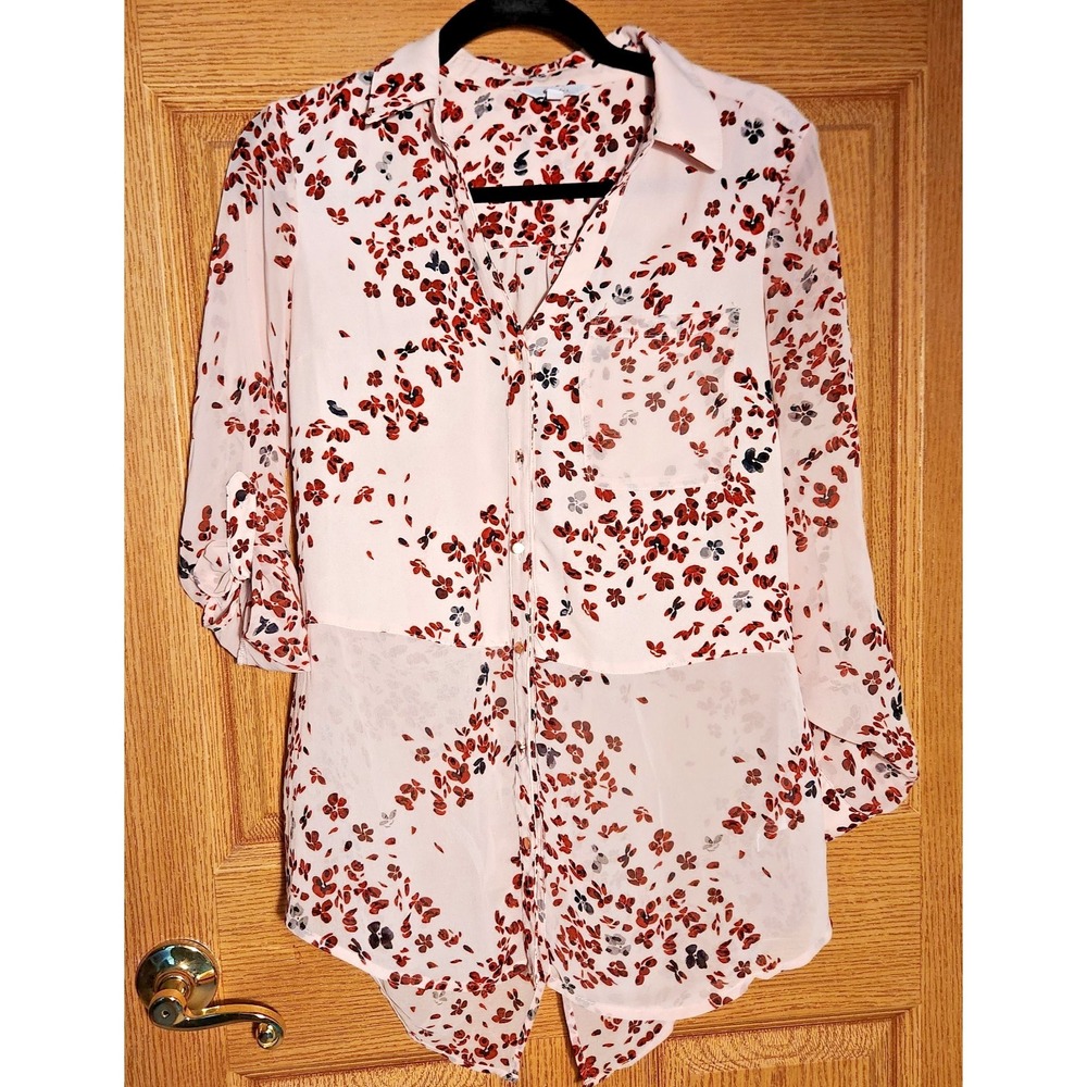Candie's Women Sheer Blouse M Pink Feminine Cherry Blossom Button Up Long Top